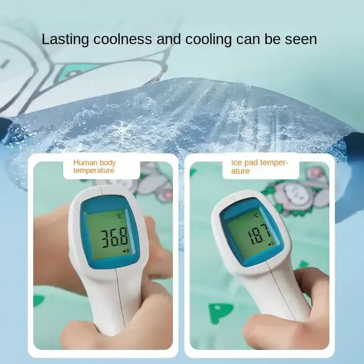 Digital thermometer showing human body temperature and ice pad temperature with text 'Lasting coolness and cooling can be seen'.