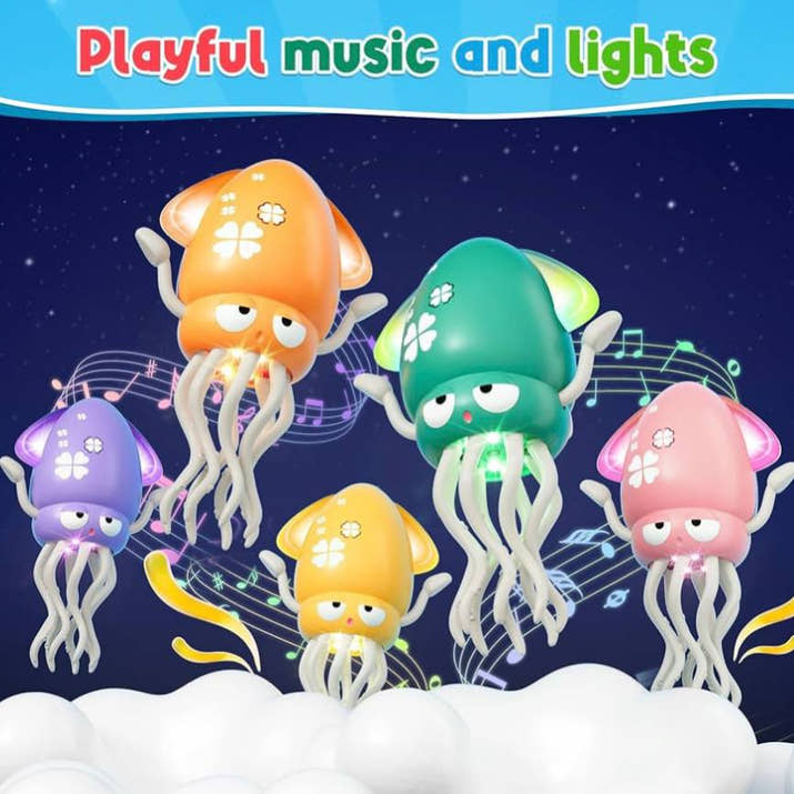 Colorful jellyfish-shaped toys with lights and music notes on a dark blue background
