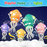 Colorful jellyfish-shaped toys with lights and music notes on a dark blue background