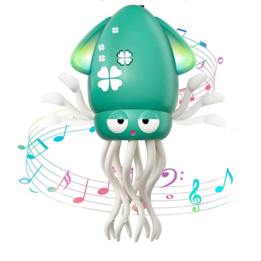 Toy squid with musical notes on a white background
