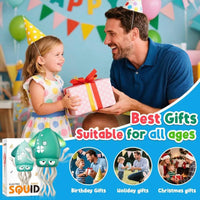 Man and young girl with a gift box in a festive setting, with promotional text about best gifts suitable for all ages.