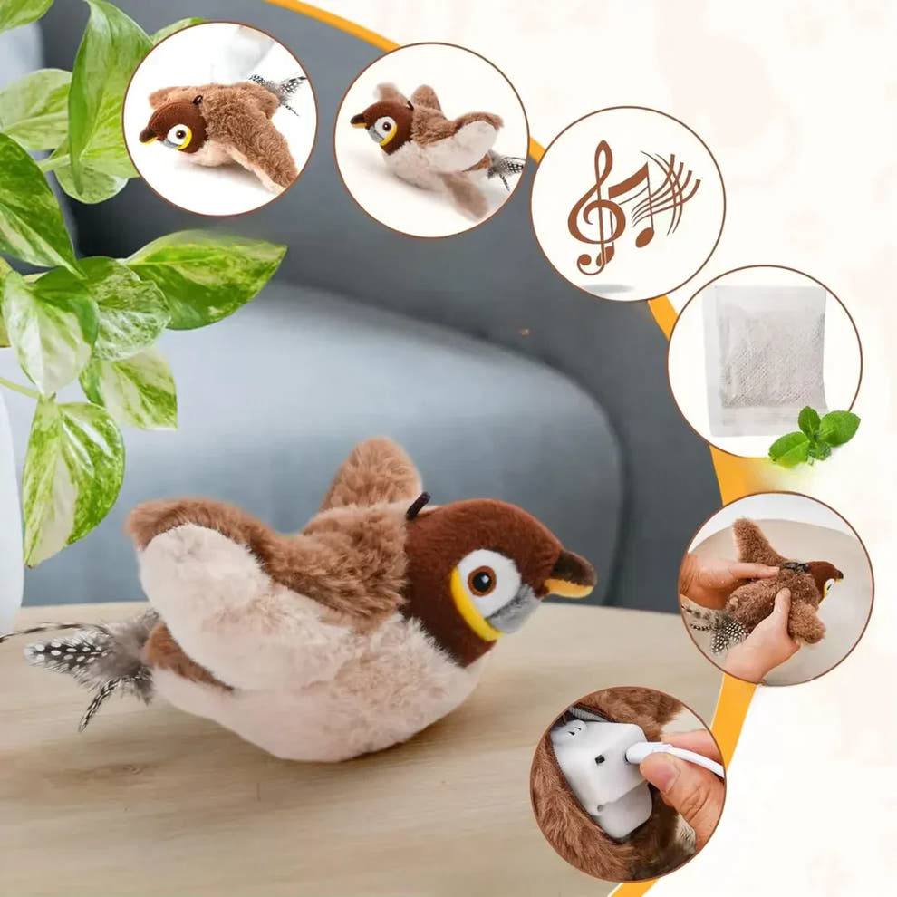 Plush toy bird with circular insets showing different features on a light background