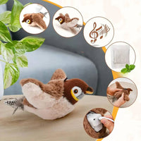 Plush toy bird with circular insets showing different features on a light background