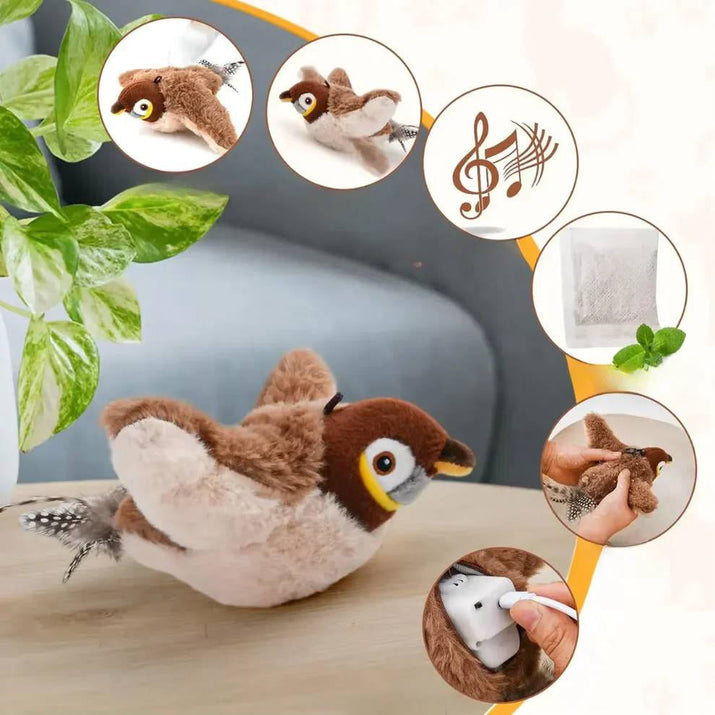 Plush toy bird with circular insets showing different features on a light background