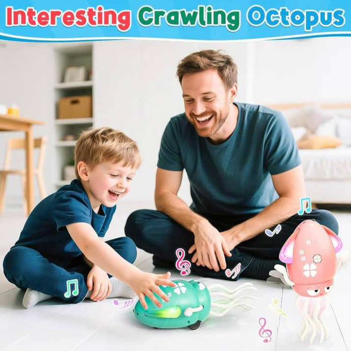 Man and child playing with a toy octopus in a living room.