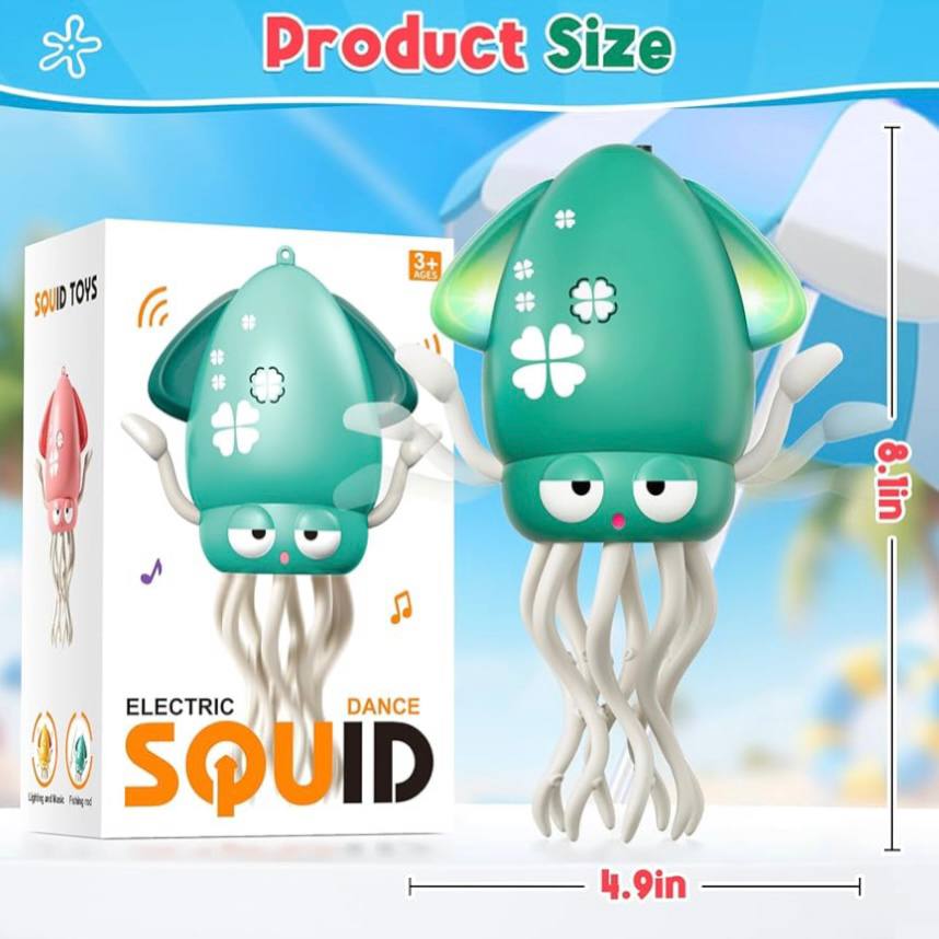 Electric dance squid toy with packaging and measurements on a blue background