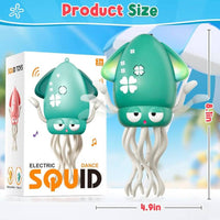 Electric dance squid toy with packaging and measurements on a blue background
