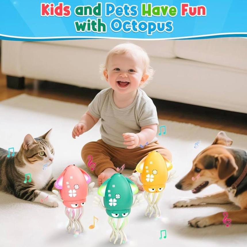 Child playing with colorful octopus toys on a carpeted floor with a cat and dog nearby.